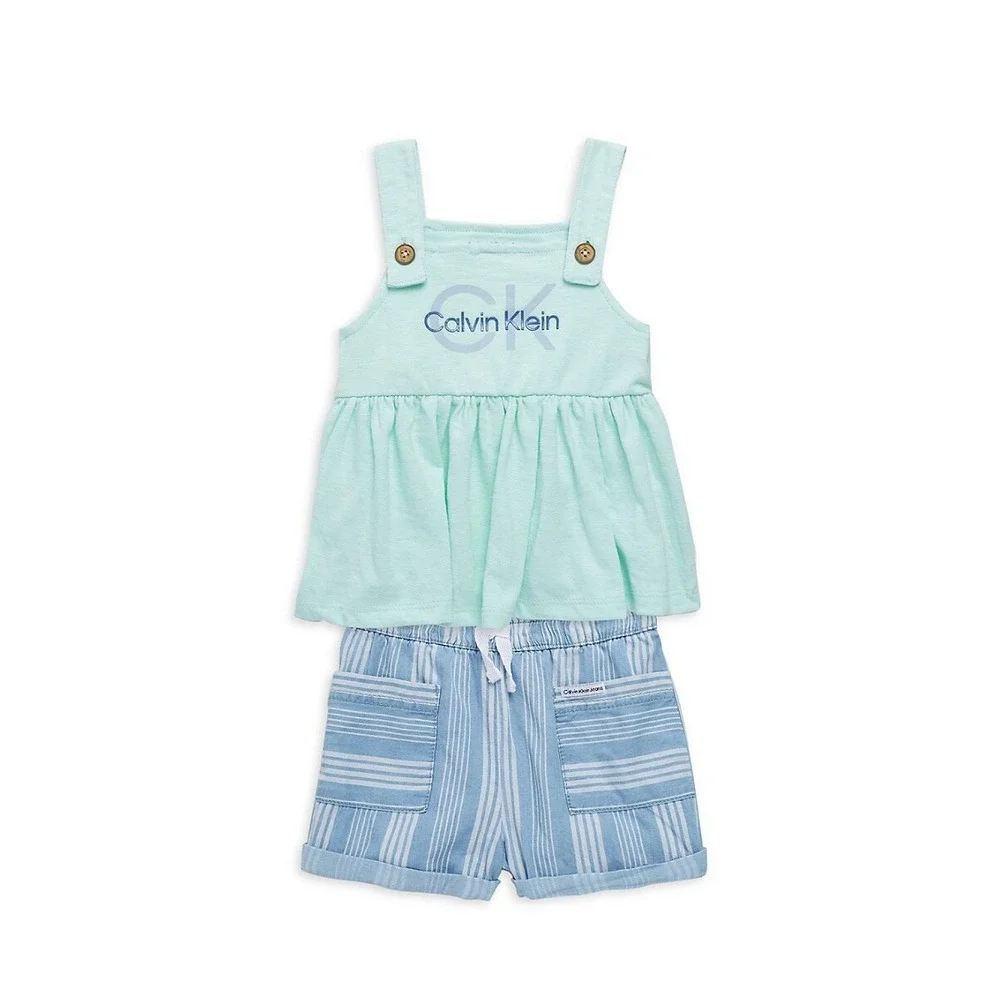 Calvin Klein Baby Girls Babydoll Top and Denim Shorts, 2 Piece Set‎ - Blue - 24M